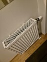 Fjernvarme radiator og liten toalettknapp